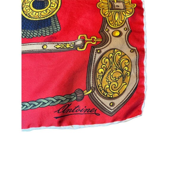 Vintage Equestrian Scarf By Antoine Red & Blue With Horses & Dogs 34"x34" - Picture 2 of 5